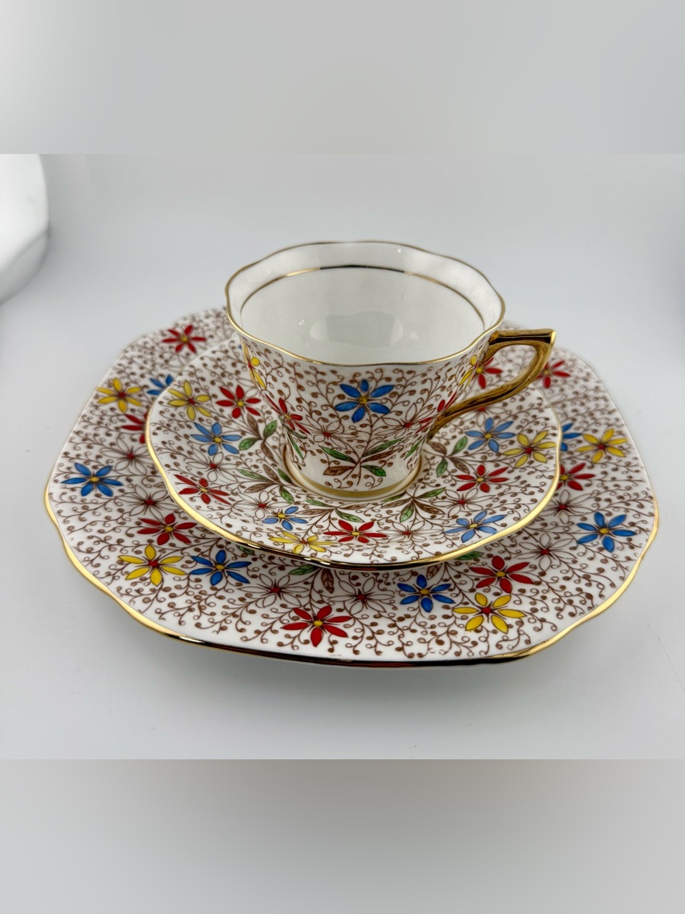 Vintage Rosina "June" Chintz Teacup Trio, Bone China Cup Saucer Square